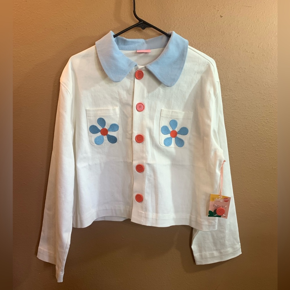Ban.do Flower Power Button-Up Shirt Jacket with Blue Collar NWT XL